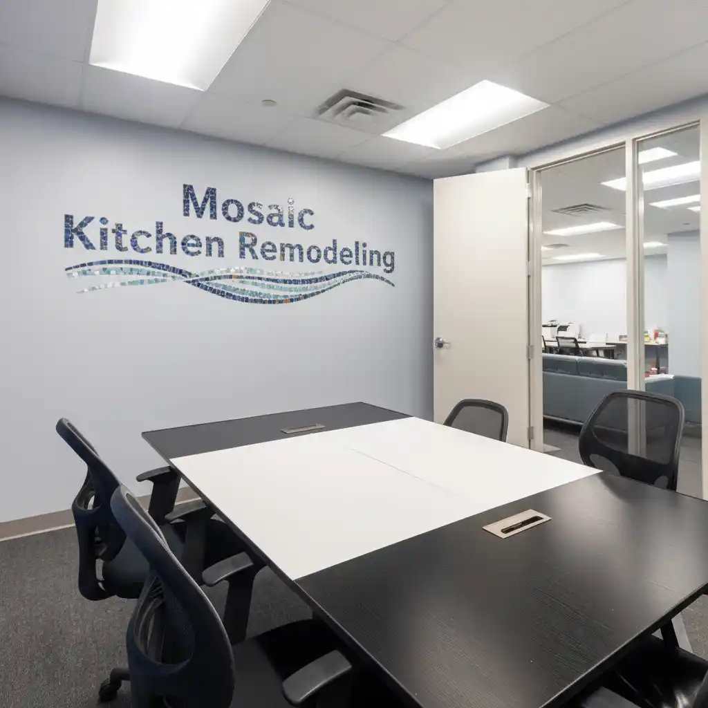 Mosaic Kitchen Remodeling office interior with company logo on wall in Commerce, CA